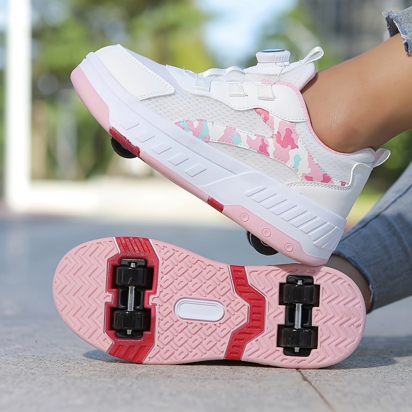 Stylish low top roller skateboard shoes for girls with rotating button, retractable roller skates for indoor/outdoor parties, all year round.