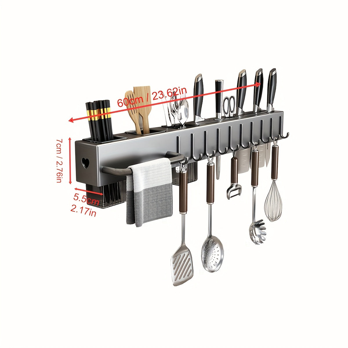 Wall-mounted kitchen utensil holder with hooks, no-drill installation for metal and plastic storage rack. Multi-functional organizer for cookware and cutlery, saving space in the kitchen with a convenient tool shelf and accessories.