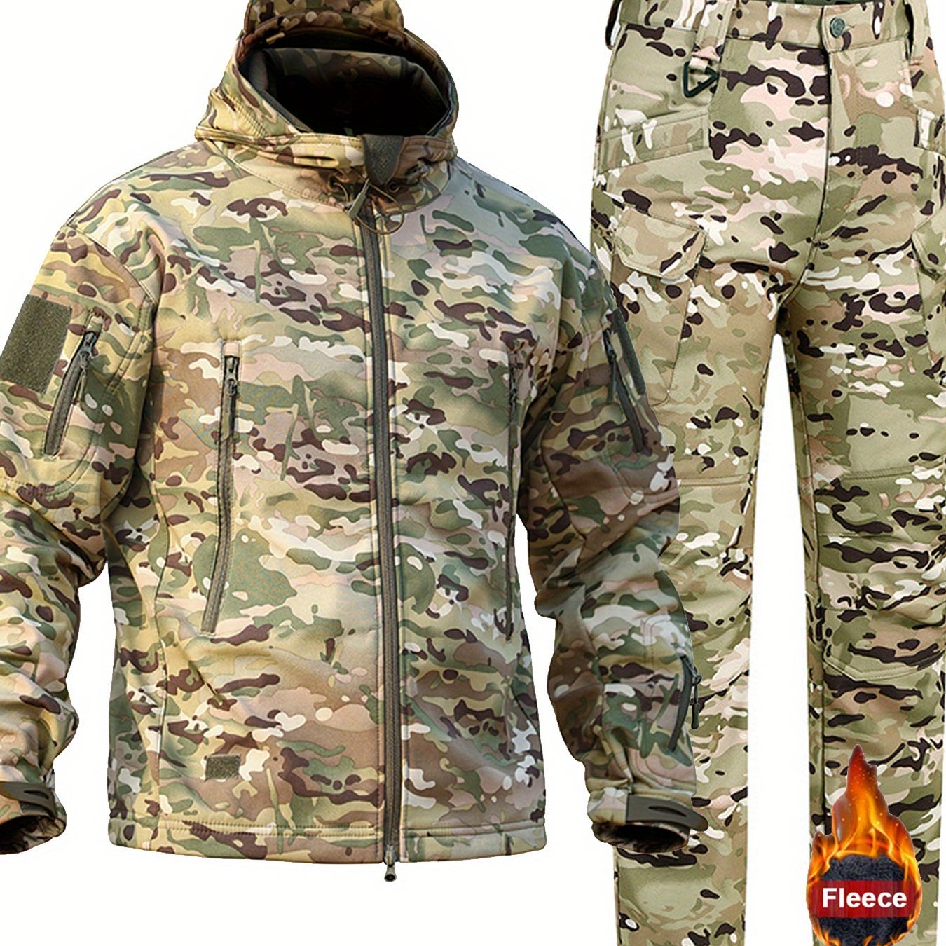 Men's camo outdoor gear set includes a windproof hooded jacket and fleece-lined pants with multiple pockets, suitable for hiking, hunting, and casual wear.