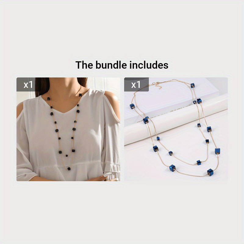 Women's daily wear clothing accessories: trendy double-layer long sweater chain with stylish square artificial crystal mix necklace