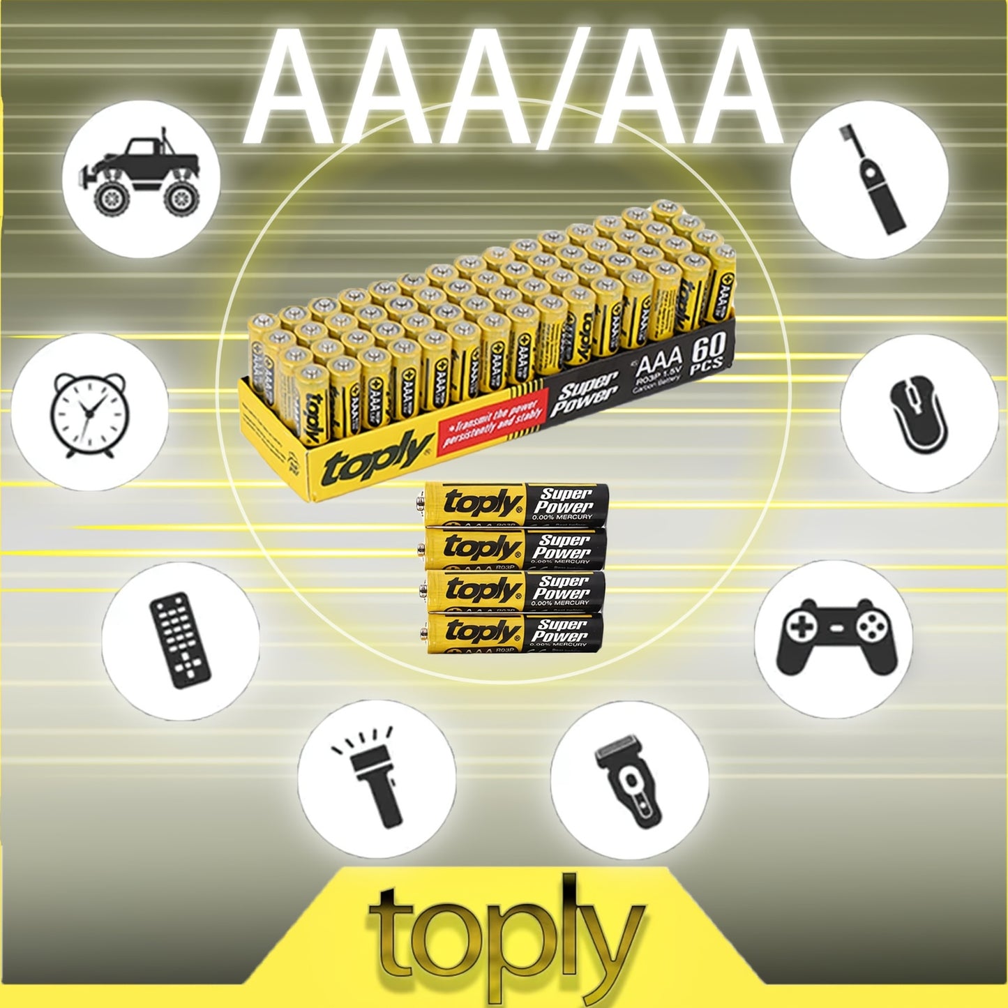 Toply 60-Pack AAA/AA Батарейки, 1.5V Углеродный Цинк Не перезаряжаемые, Совместимы с различными устройствами - Одноразовые