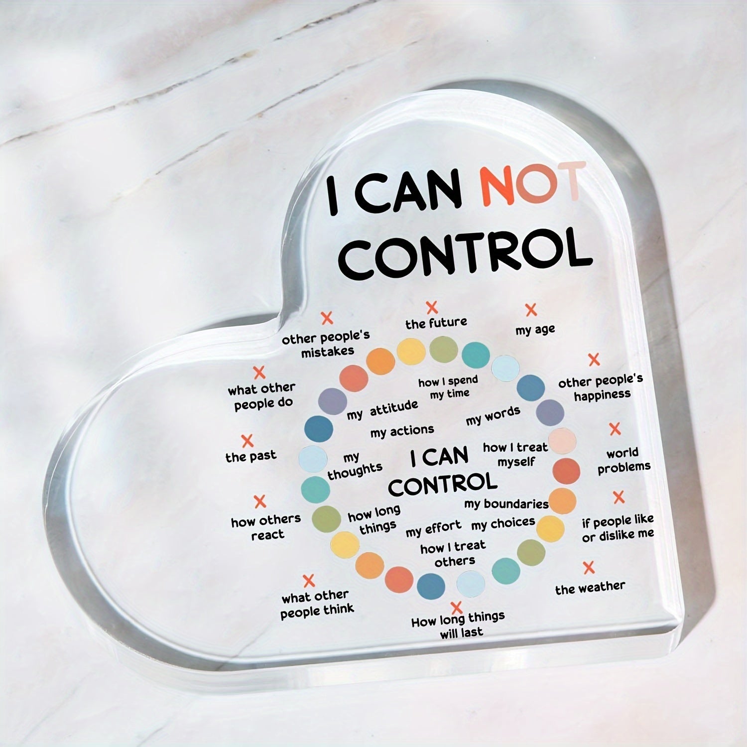 Modern acrylic heart-shaped sign with inspirational "I CAN NOT CONTROL" quote for school counselor, anxiety therapy decor, mental health gift - no power required.