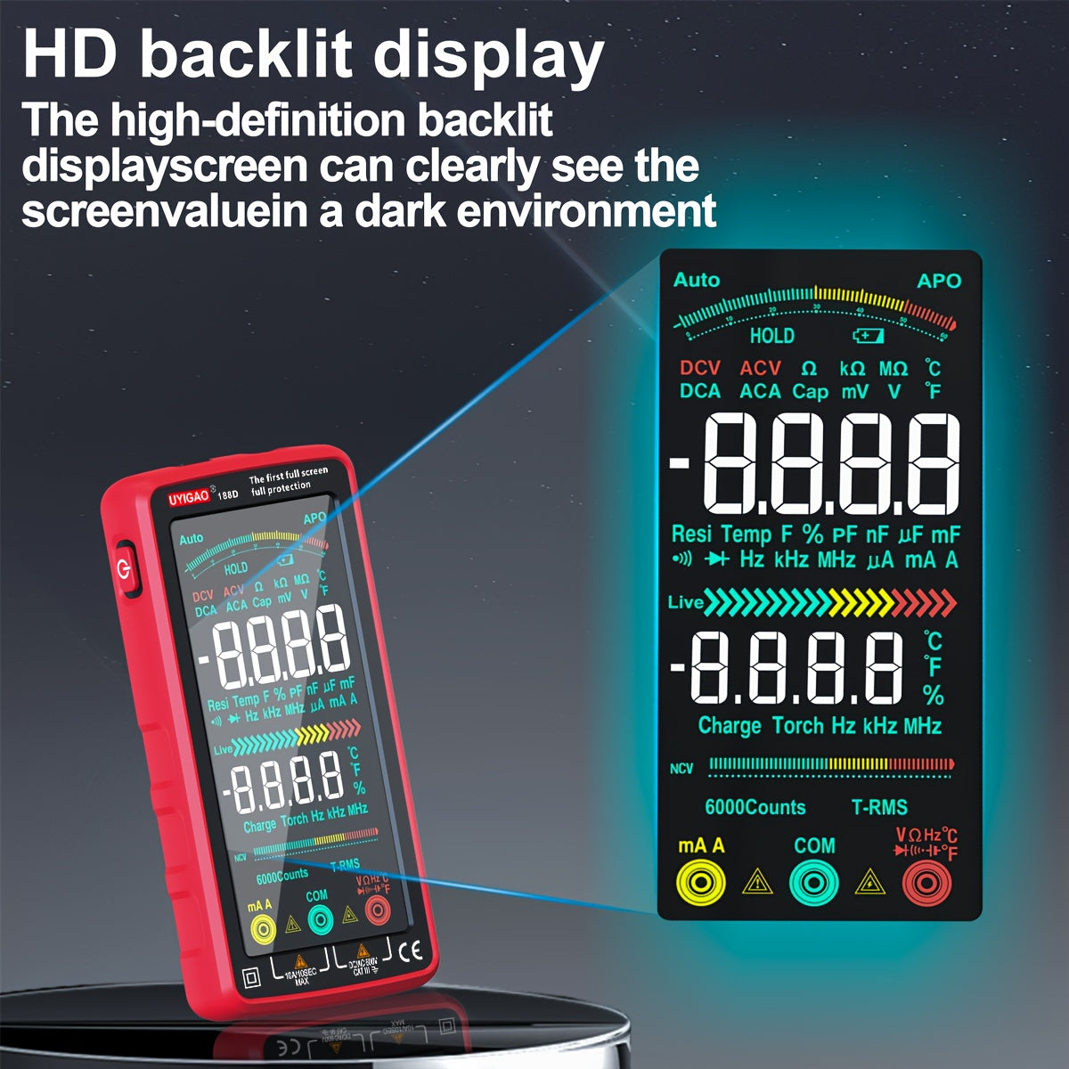 1pc UYIGAO Smart Digital Multimeter with Auto-Ranging TRMS, 6000 Counts, Slip-Resistant Grip, Measures AC/DC Voltage, Current, NCV, Ohm, Amp, Resistance, Diodes, Continuity, Capacitance
