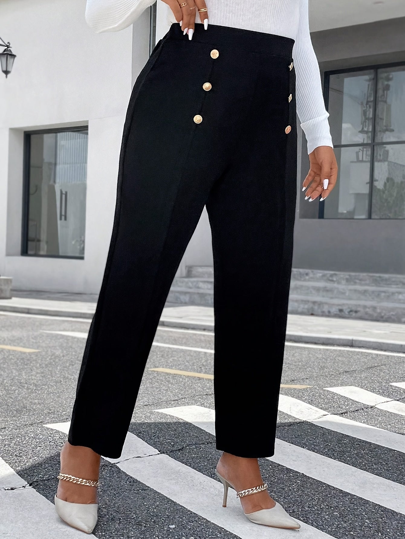 Plus Size High-Waist Straight-Leg Pants with Decorative Buttons - Comfortable Polyester Blend, Machine Washable - Elegant Black Casual Attire