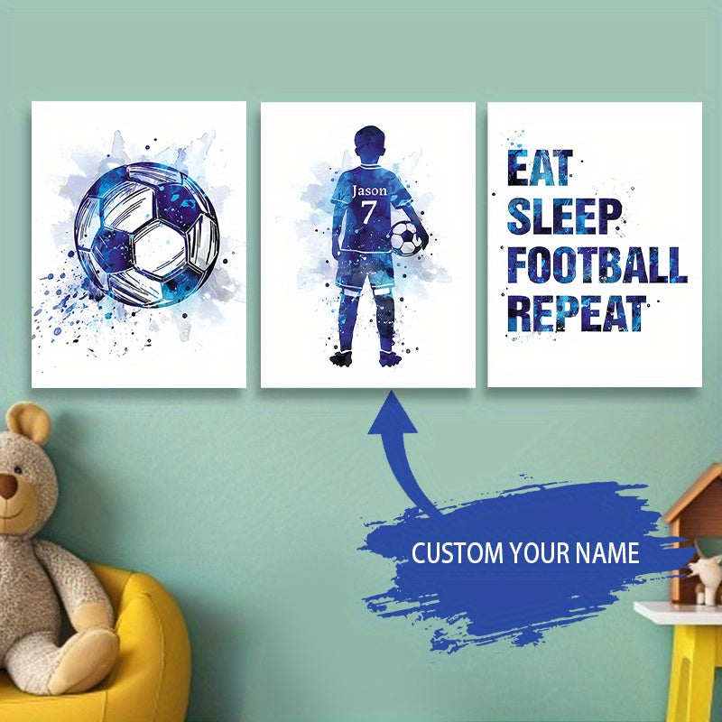 Custom Name Soccer & Football Player Canvas Wall Art Set - 3 Pieces for Kids' Room, Nursery, or Dining Decor - Field Dreams Theme, Frameless Posters