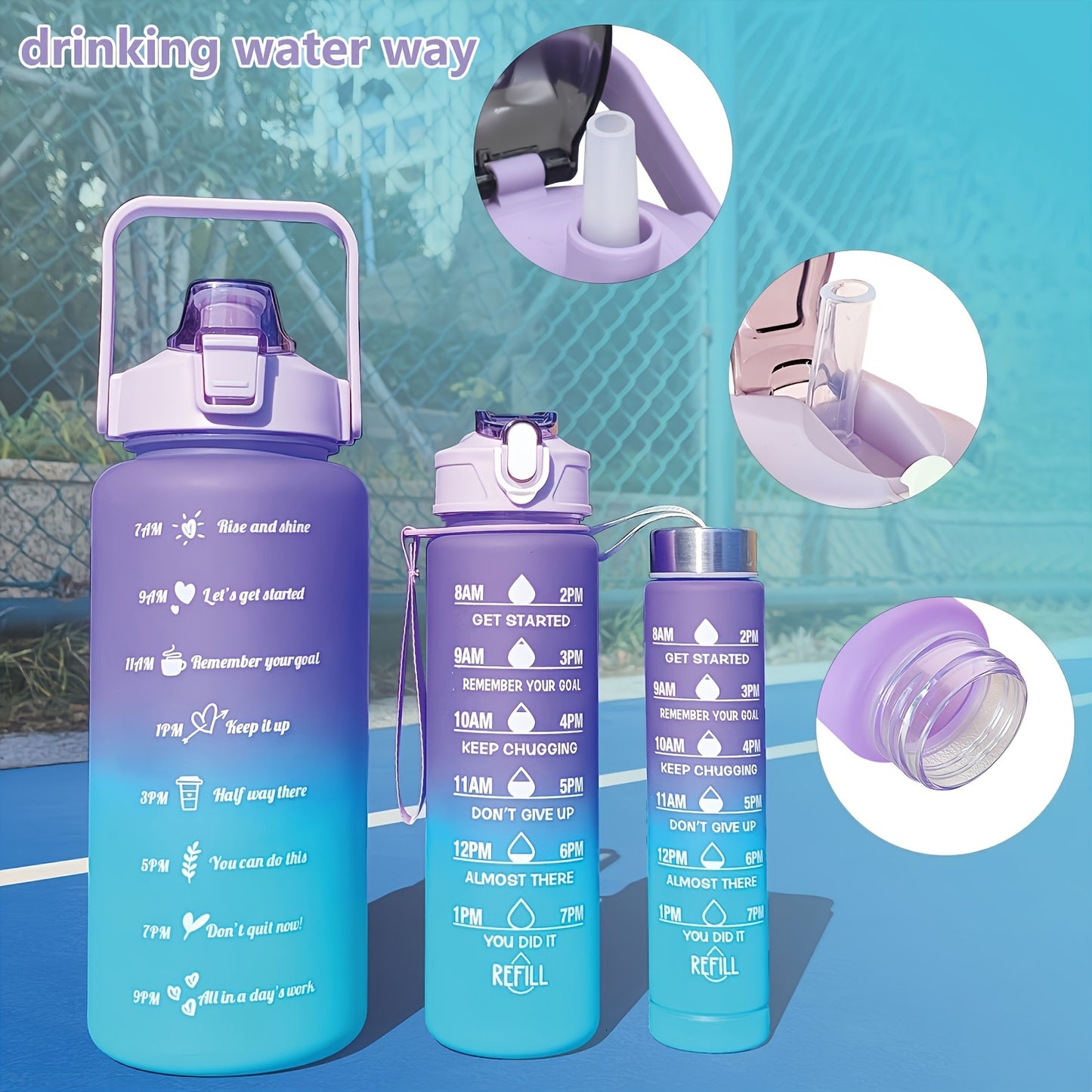 2L/70oz Gradient Water Bottle Set, BPA-free, leak-proof with time marker, straw, and lockable lid - perfect for camping, fitness, and home use. Hand wash only, lightweight, PVC-free.