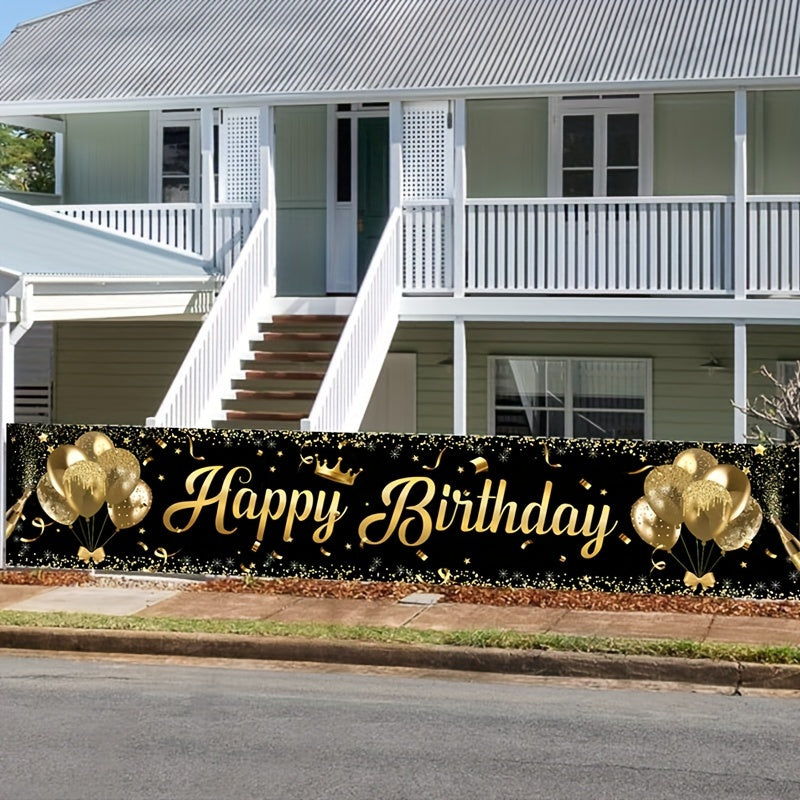 1 piece black and gold Happy Birthday banner for party decoration, supplies, background decor, and photo props. Ideal for indoor and outdoor use.