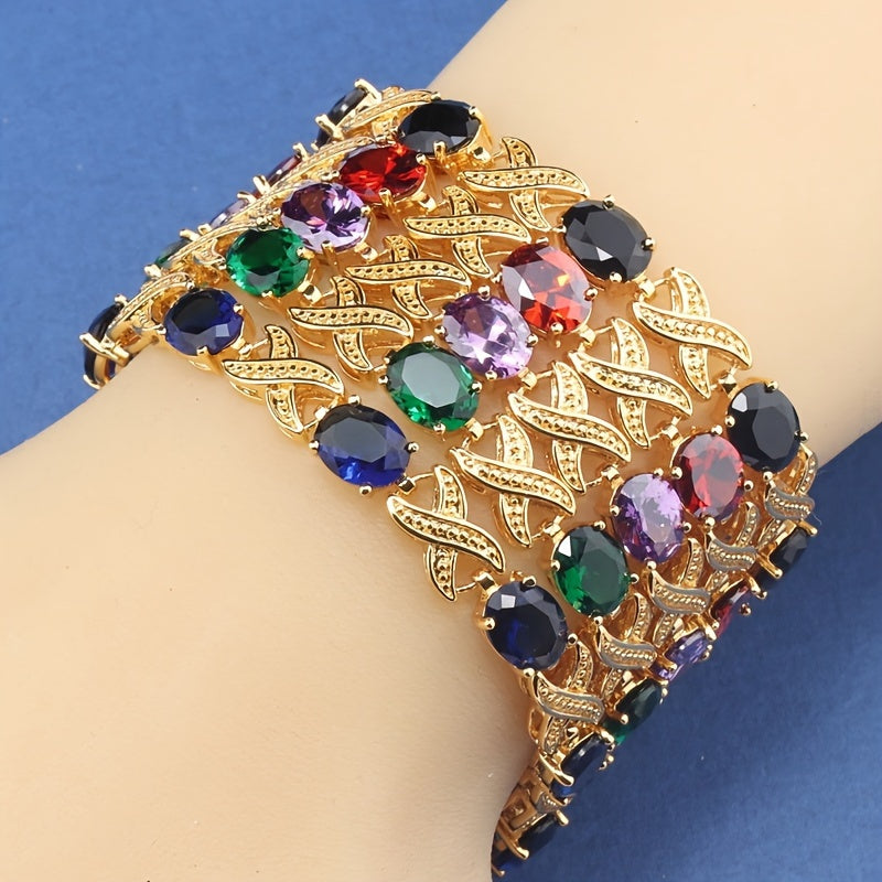 Classic Tennis Bracelet with Multicolor Synthetic Cubic Zirconia in 18K Gold Plating, featuring Elegant Copper Link Chain. This Fashion Jewelry for Women makes for the perfect Valentine's Day or Festival gift. Style: Simple and Timeless.