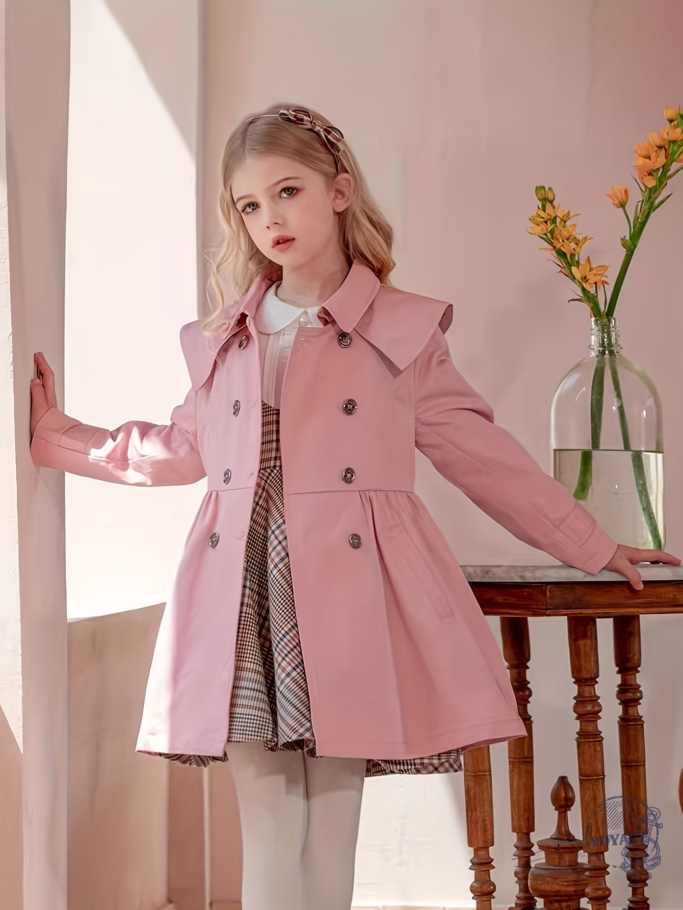 New princess-style trench coat for girls, tailored waist, British outerwear for autumn and winter.