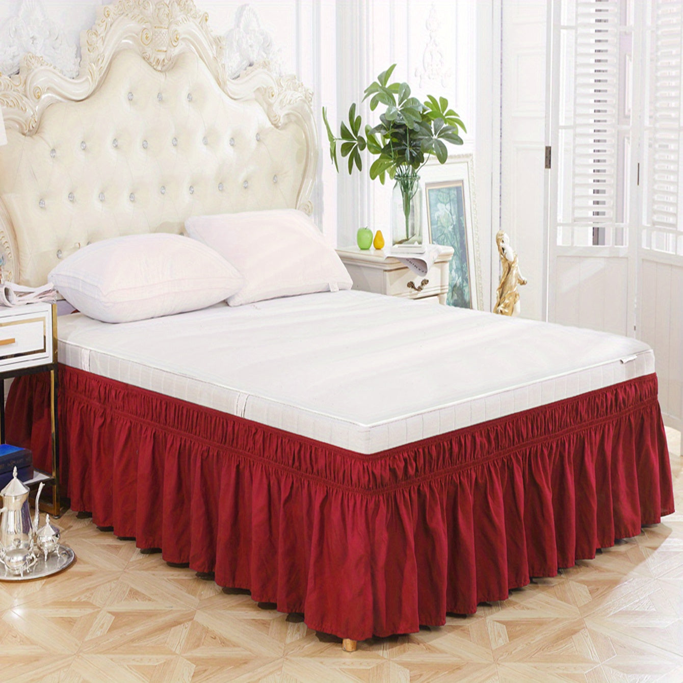 Elastic Bed Skirt in Pure Color, Soft Bedding Supplies, Lotus Leaf Edge Design for Comfortable and Durable Use in Bedroom or Guest Room. Skin-friendly Material.