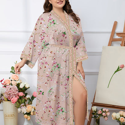 Boho Chic Plus Size Women's Long Robe with Full Print, V-Neck, Tie Waist - Ideal for Spring/Summer/Fall