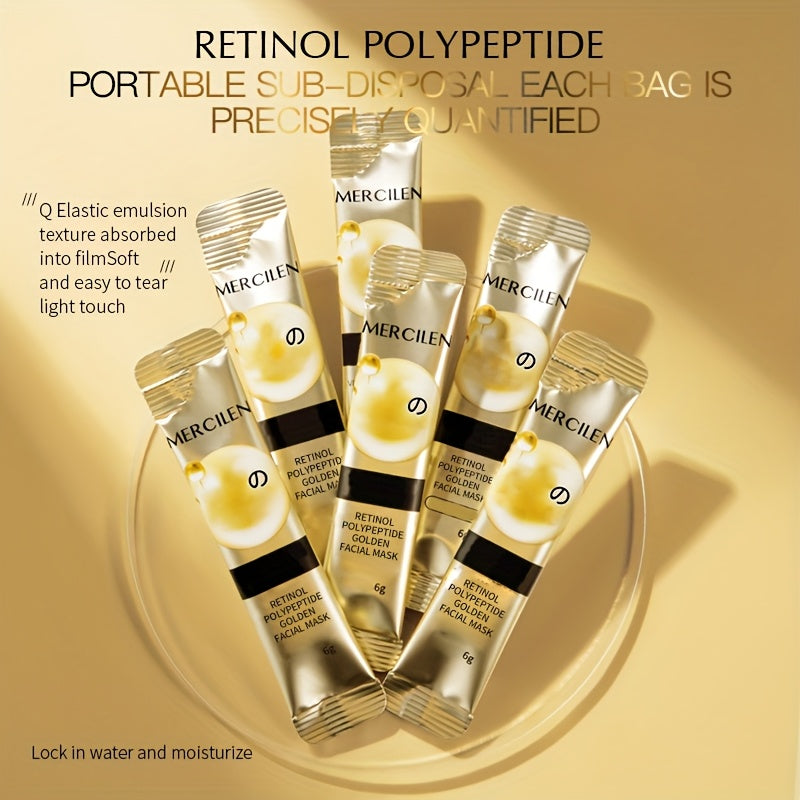 MERCILEN Retinol Polypeptide Golden Facial Mask - 10pcs, 6g each. Deep cleanse, firm, and moisturize for smooth, radiant skin. Contains Hyaluronic Acid & Vitamin E. Suitable for all skin