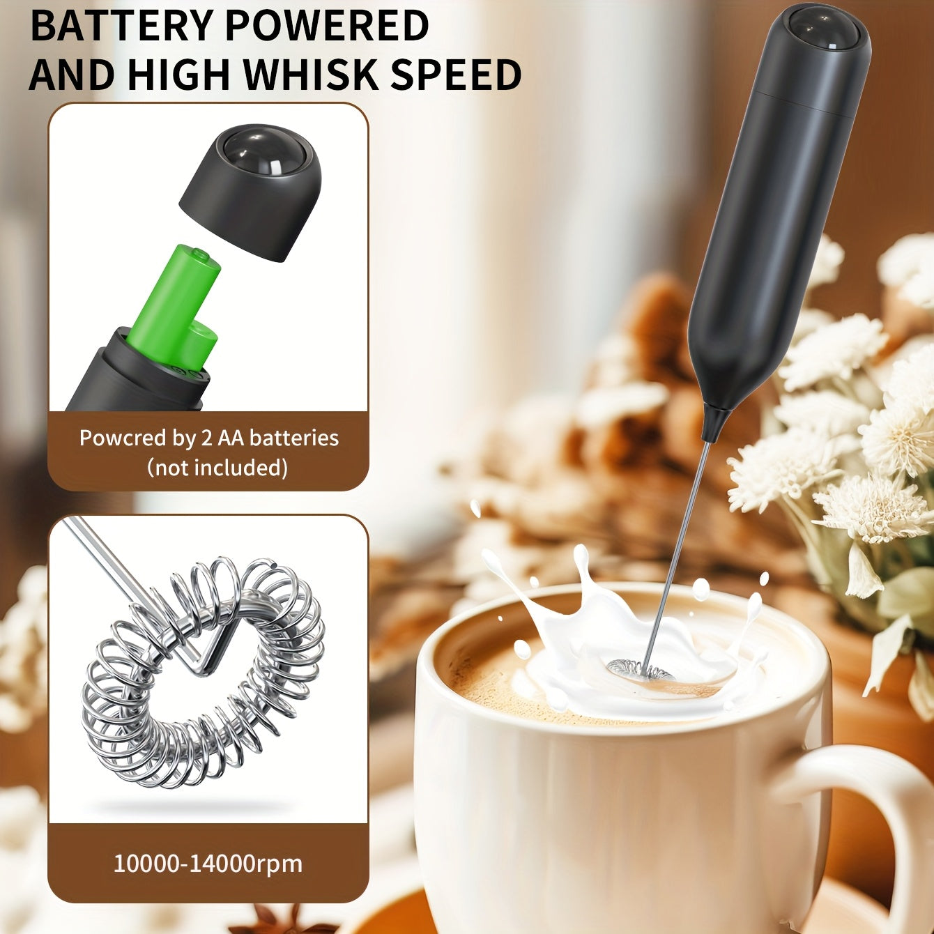 Battery operated portable milk frother for creating rich and creamy froth. Made with a lightweight plastic handle and 304 stainless steel whisk, this low decibel kitchen tool is perfect for DIY drinks, coffee lovers, camping, weddings, and Christmas