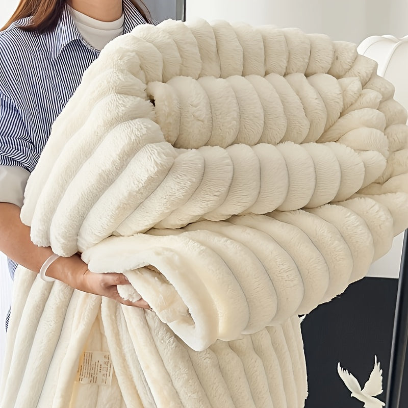 Contemporary Carved Velvet Throw Blanket with Double-Sided Faux Rabbit Fur - Soft, Warm, and Machine Washable. Ideal for Bedroom, Living Room, Dorm, Travel. Suitable for All Seasons. Made from Polyester Knit Fabric with a weight of 300-350gsm.