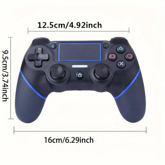 PS4 simsiz boshqaruvchi USB kabeli bilan, ikki tomonlama tebranish, 6-o'qli harakat nazorati, qayta zaryadlanadigan 600mAh batareya, 3.5mm audio jack, ko'p teginish paneli, ulash tugmasi - mos keladi