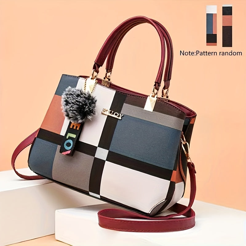 Stylish grid patterned shoulder bag with magnetic closure, ideal for formal events, work, or school.