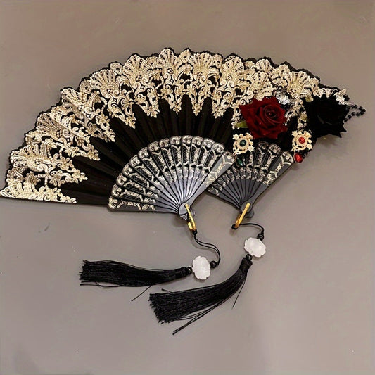 Stunning Golden Foil Folding Fan with Vintage Charm, featuring Baroque Rose Design and Exquisite Tassel - Ideal for the Holidays and Adding a Touch of Elegance to Women's Fashion.