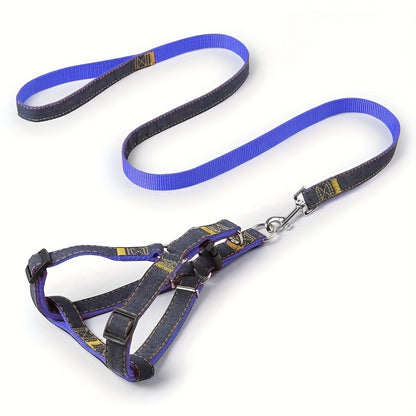 Adjustable and comfortable denim dog harness and leash set for small to large breeds made of durable polyester material.