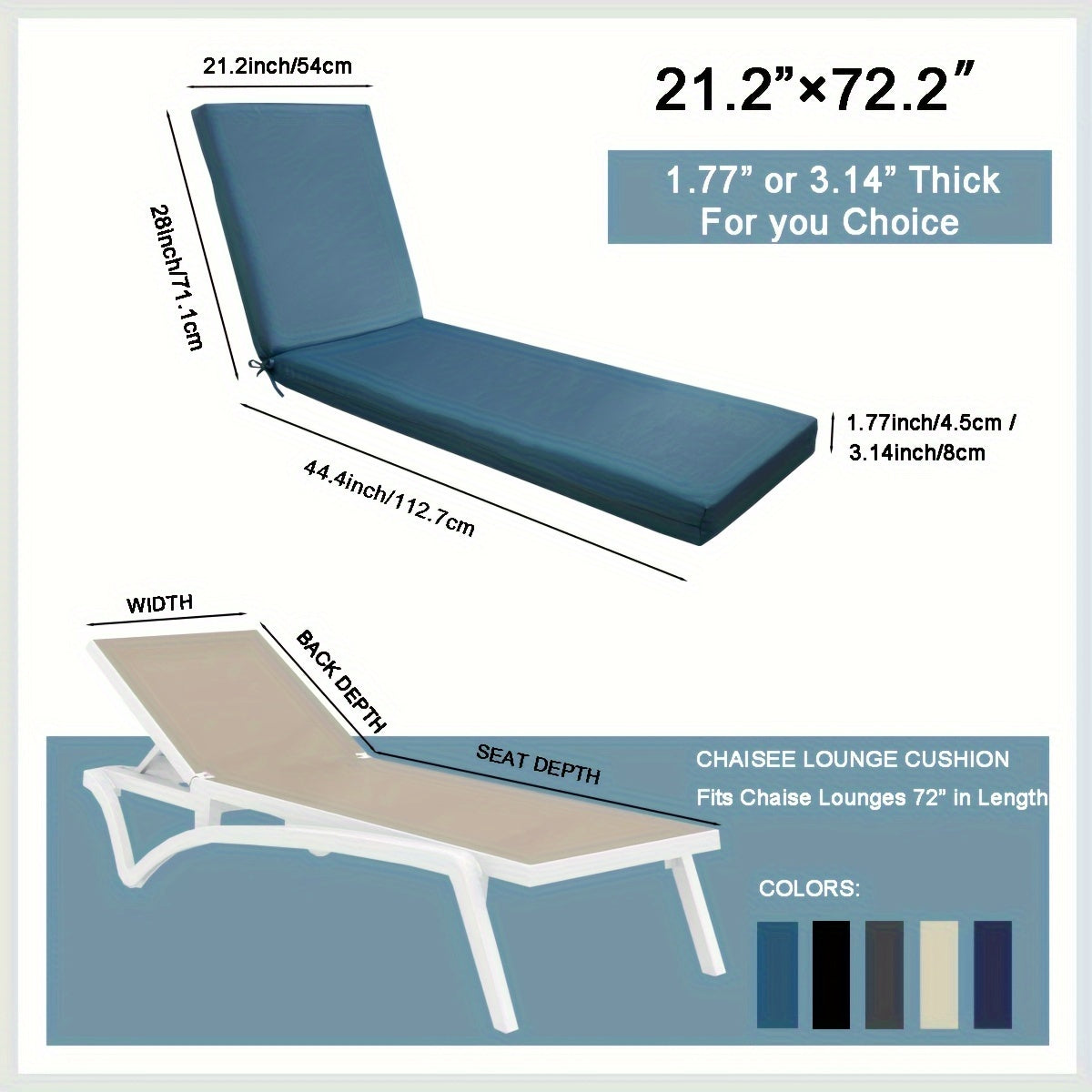 Tashqi chaise lounge yostiqchasi, ko'pik bilan to'ldirilgan, patio, basseyn yoki dengiz bo'yida tashqi foydalanish uchun suv o'tkazmaydigan.