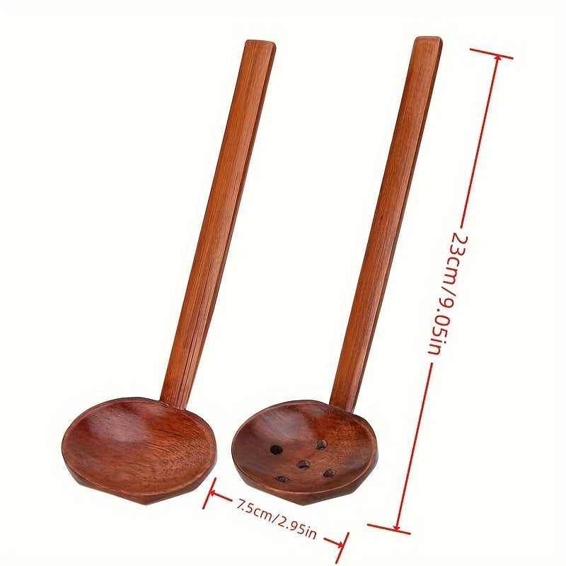 Handcrafted Wooden Soup Ladle/Spoon with Long Bamboo Handle - Kitchen Utensil for Food Contact - Ideal for Straining and Serving Hot Pot