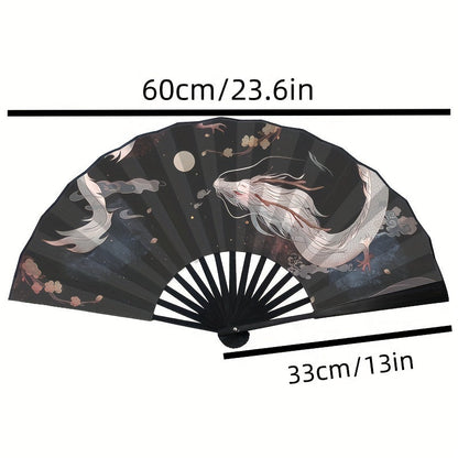 [Crowd Favorite] Silk Folding Fan with Chinese Feng Shui Ink Design, Bamboo White Dragon Pattern, Elegant Summer Accessory