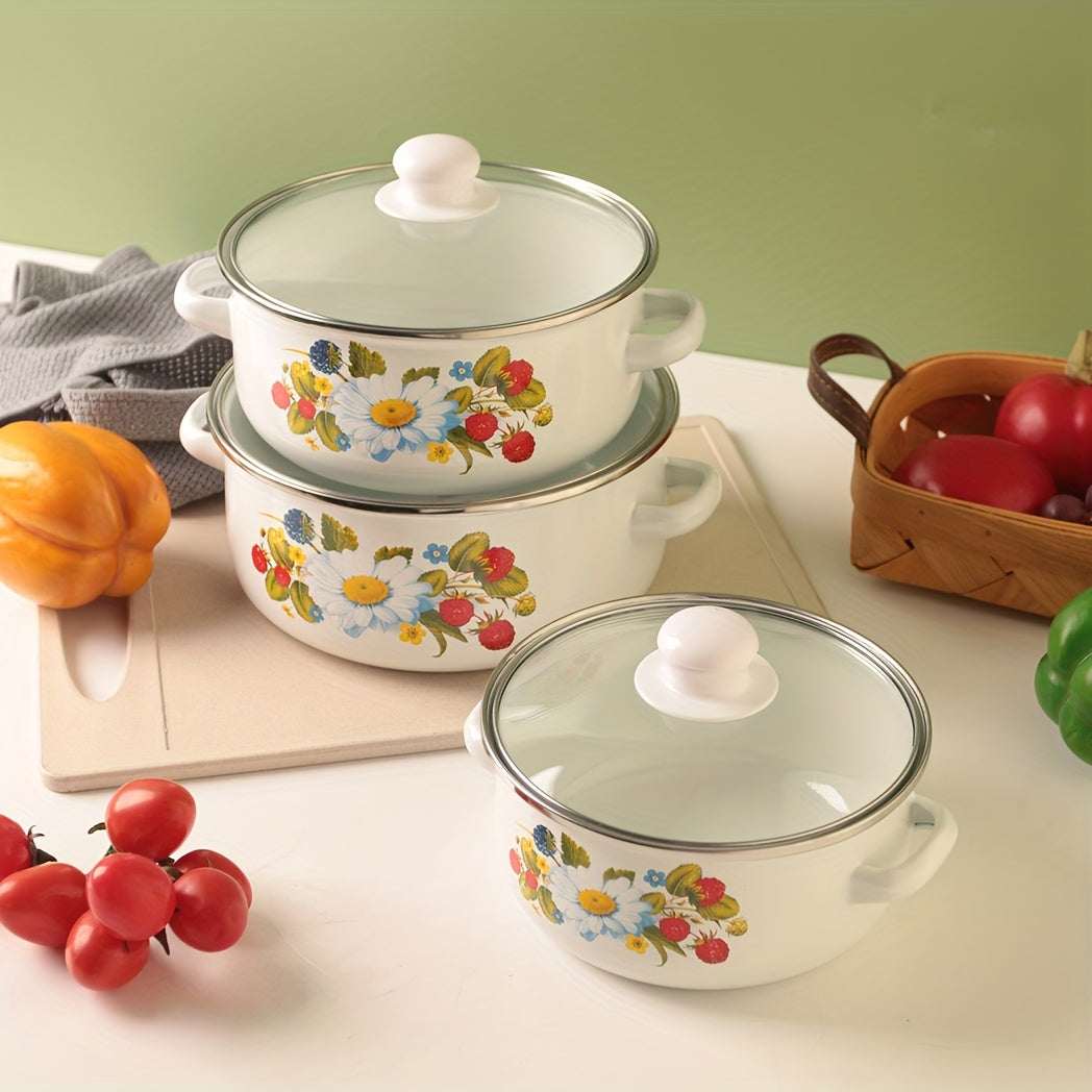 Three-piece multifunctional enamel set including a pot, boiling pot, and soup pot. This versatile set is perfect for use in restaurants, home kitchens, outdoor cooking, and on gas or electric stoves.