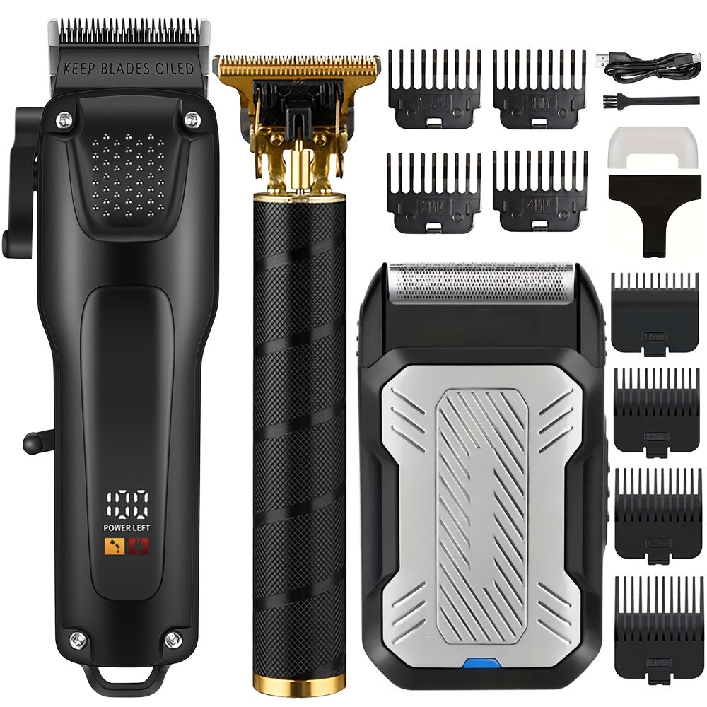 3pc Men's Haircutting Set with Cordless Electric T-blade, USB Rechargeable, Beard Trimming Kit and Digital Display - Ideal Gift for Men