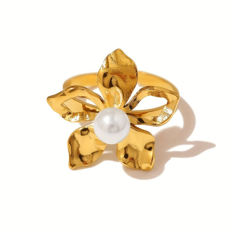 Elegant open flower design titanium steel ring featuring imitation pearl, a versatile fashion accessory for women, perfect for both daily wear and special occasions.