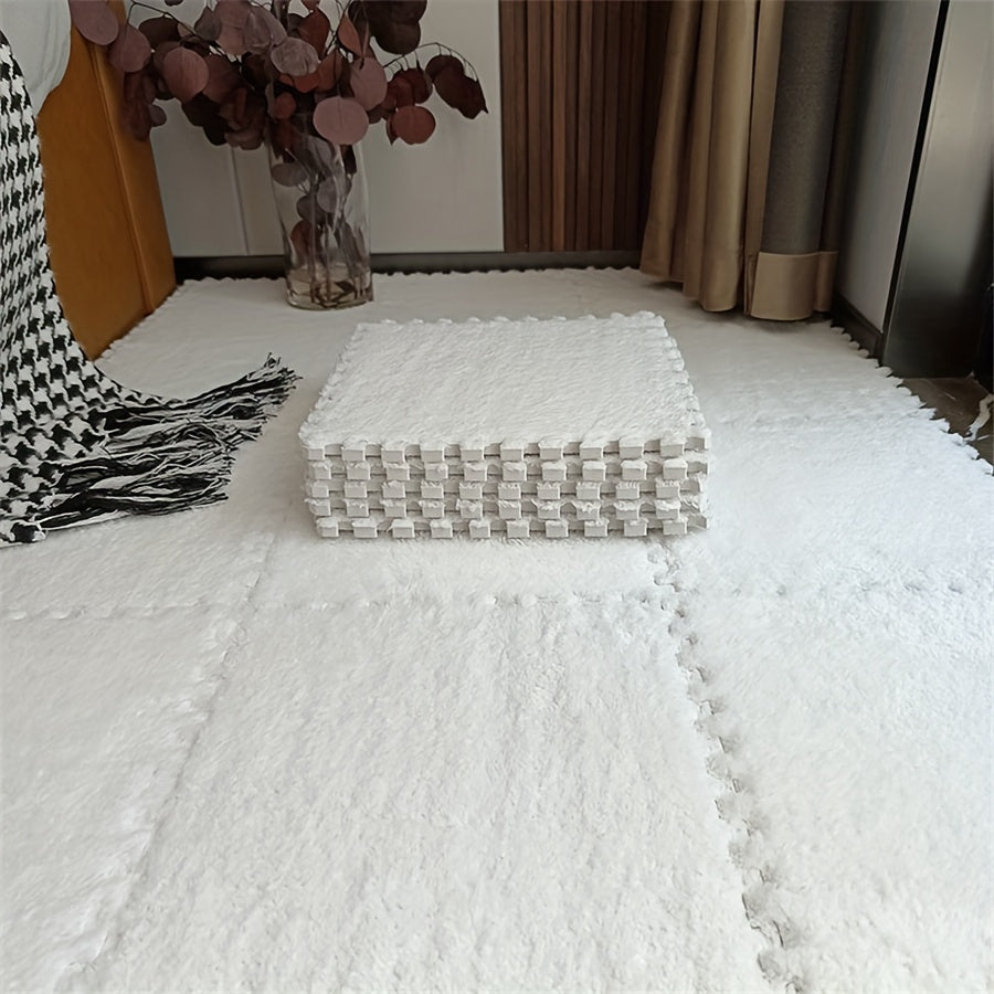 A set of 24 plush interlocking carpet pieces designed for use in the bedroom and living room. These thick, washable floor mats are made from a soft blend of EVA and polyester, measuring 29.97x29.97 cm each.