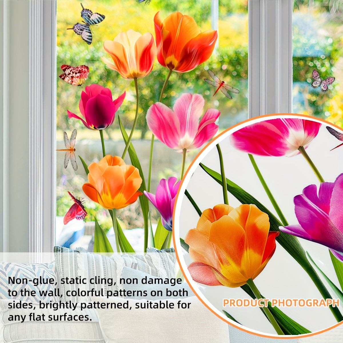 Vibrant Tulip Bouquet Window Cling - Dual-Sided, Easy to Remove Electrostatic Glass Decal for Decorating Home & Office.