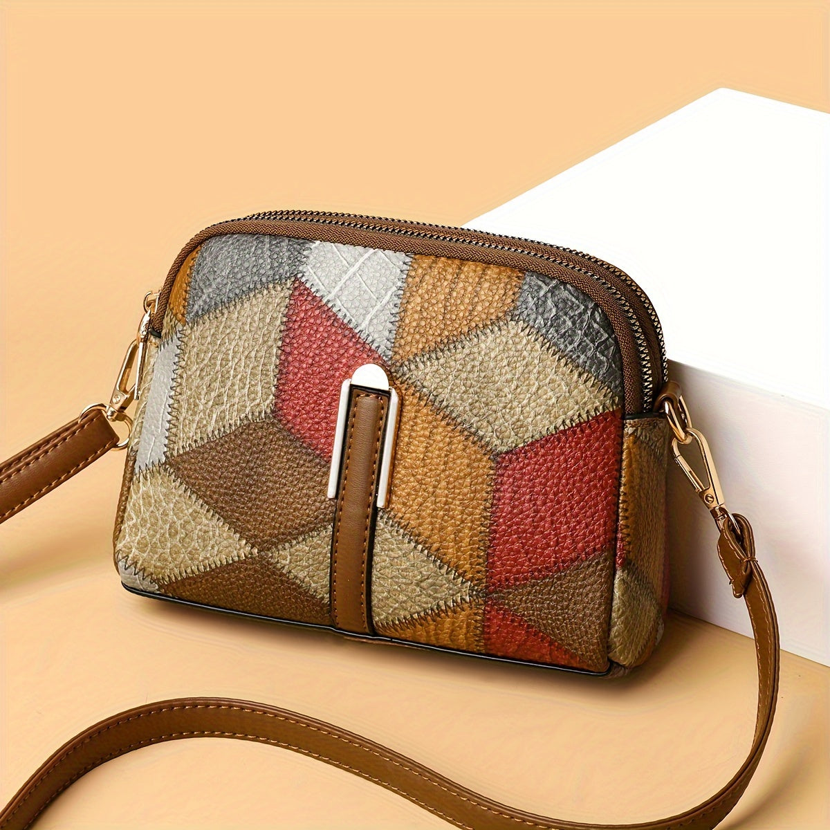 Colorblock crossbody bag featuring a retro rhombus pattern, ideal as a fashion shoulder bag for women.