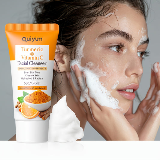 Quiyum Turmeric & Vitamin C Facial Cleanser 1.76oz - Gentle cleanser with Hyaluronic Acid for smooth, moisturized skin. Suitable for all skin types, enriched with Vitamin C.