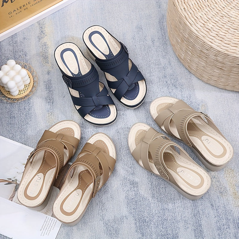 Women's wedge slide sandals with open toe cross strap, slip-on design for casual outdoor wear.