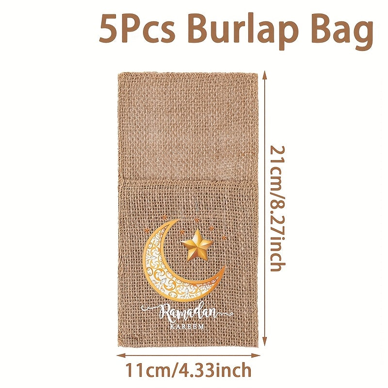 5 Eid Mubarak Burlap Gift Bags with Moon, Lantern & Star Designs for Ramadan Kareem Party Supplies and Islamic Muslim Home Decor. Made of Durable Linen Material with an Elegant Burlap