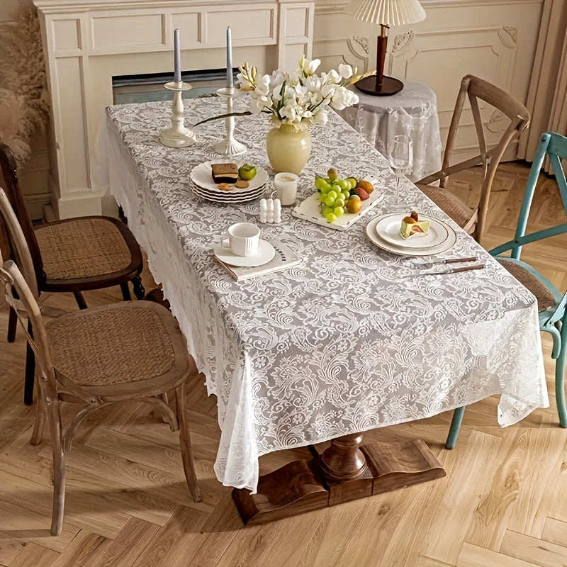 French Paisley lace tablecloth and rectangular polyester table runner for dining and coffee tables. Washable, easy to clean home decor for Christmas. Machine-woven with a solid pattern in a square shape.