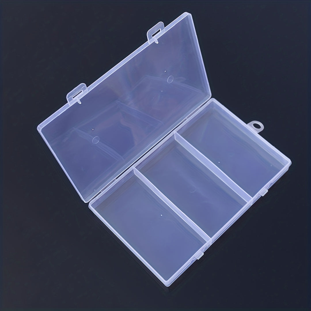 Plastic storage box with 3 compartments for organizing jewelry, earrings, beads, and screws.