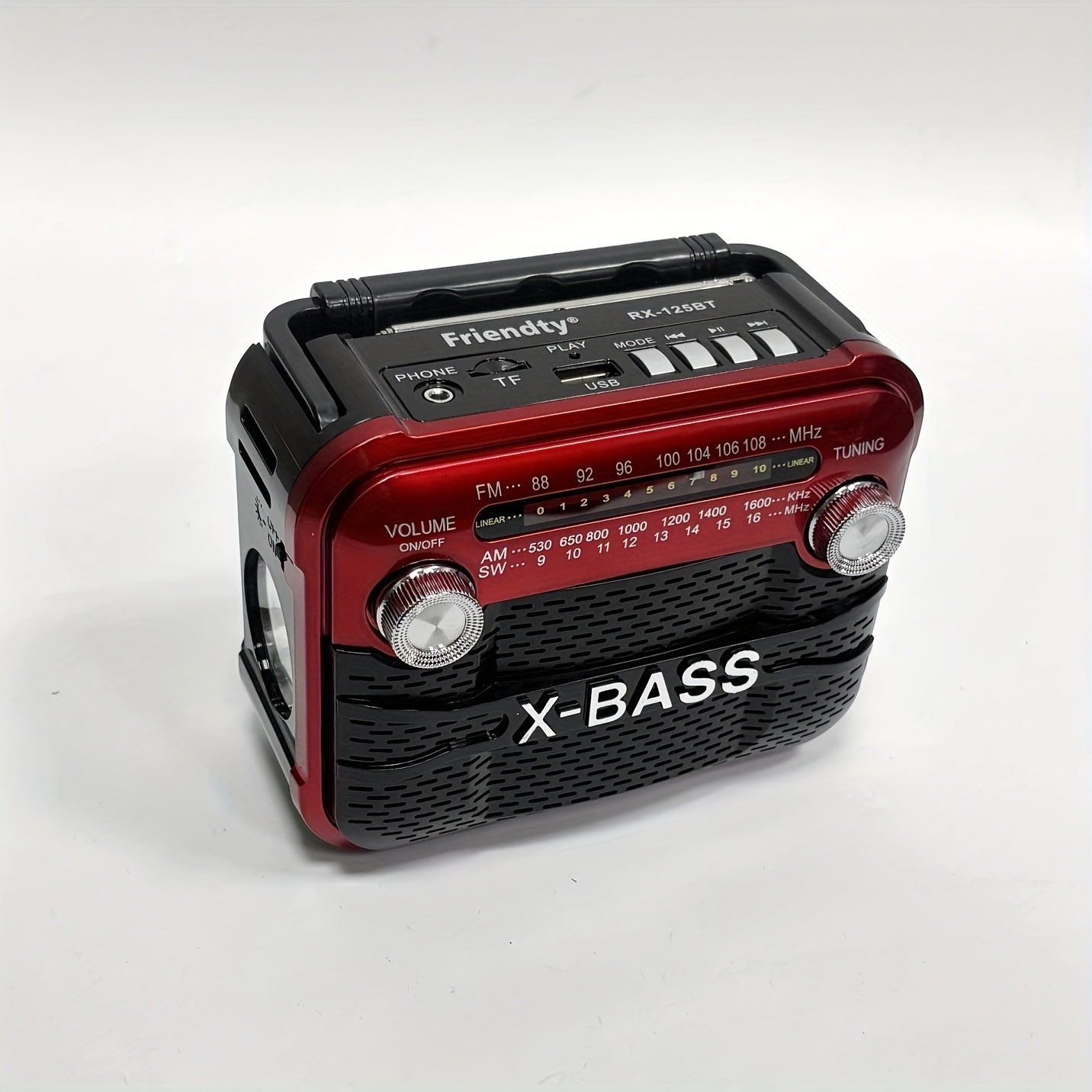 X-BASS Portable FM Radio with Flashlight - Rechargeable battery, multi-band, USB/TF/BT playback, 2-4 hour playtime, red & black, indoor/outdoor use.