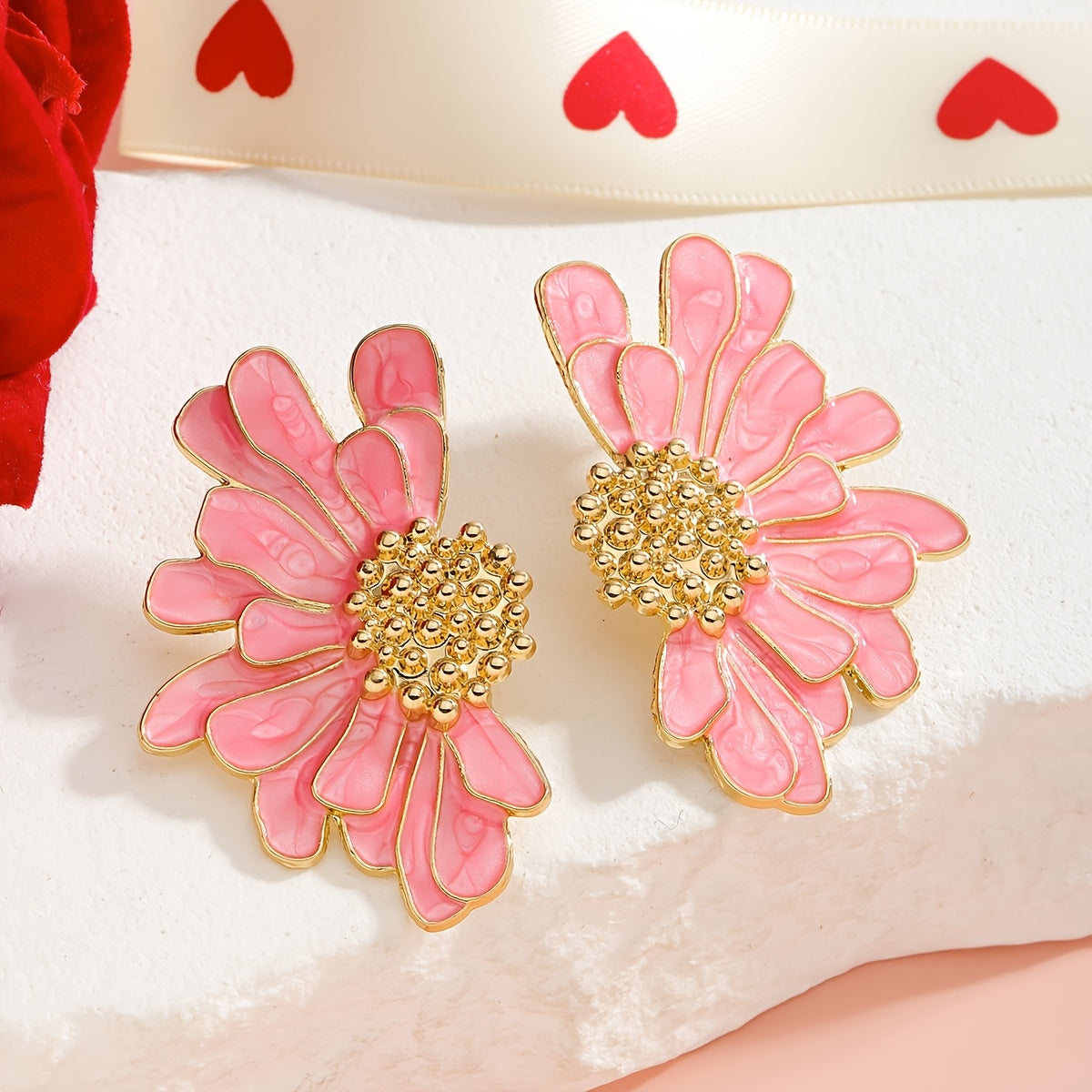 Stunning Pink Heart Rhinestone Earrings: Beautiful Floral Drop Earrings with Stainless Steel Posts, made with Alloy & Rhinestone Mosaic. Ideal for Valentine's Day and Special Occasions, a timeless gift for Women all year round.