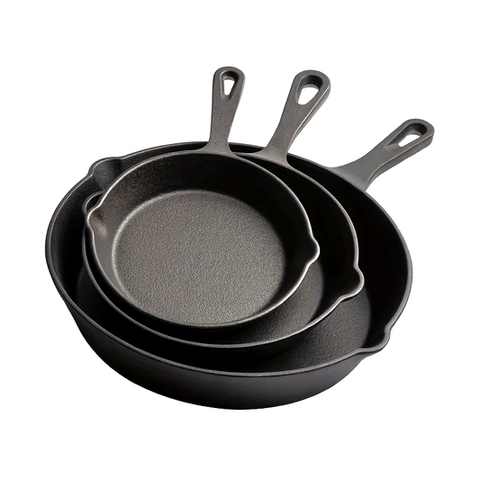 Set of three pre-seasoned cast iron skillets with dual pour spouts - Hand wash recommended. Includes sizes 15.24 cm, 20.32 cm, and 25.4 cm.