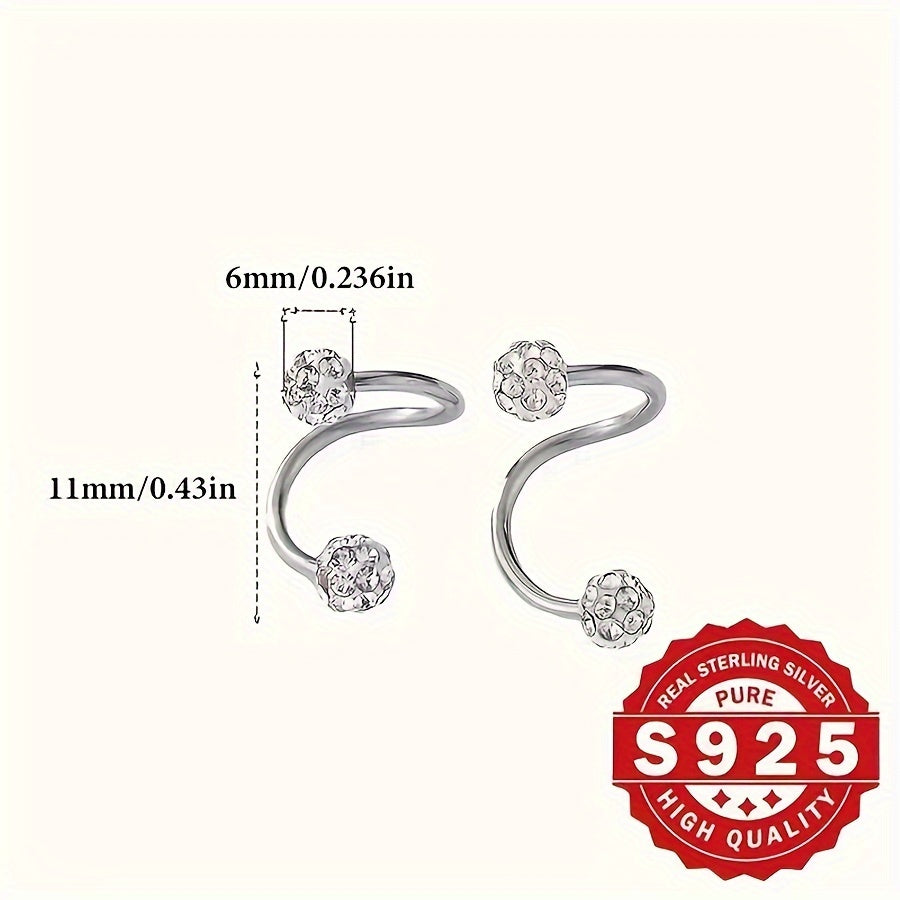 Luxurious 925 Sterling Silver Screw Ball Stud Earrings, adorned with Sparkling Screw Buckle S Bar. Ideal for gifting at Christmas or wearing to a Music Festival themed party with friends.