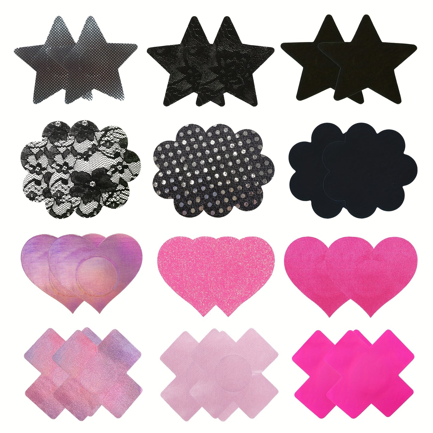 Set of 12 sexy black breast stickers, featuring cute pink girl design for nipple decoration.