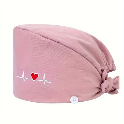 Women's embroidered heart pattern beanie cap made of 100% polyester with breathable, inelastic design. Features sweat-absorbent lining, dust-proof material, and adjustable elastic band.