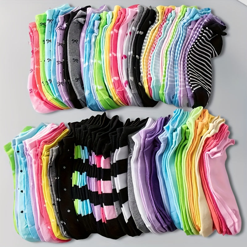 20 pairs of comfortable, soft low-cut women's socks with heart, bow, and stripe print in rainbow colors for all seasons.