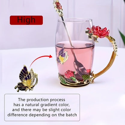 Rose enamel crystal tea cup with butterfly and rose design, includes spoon, clear glass.