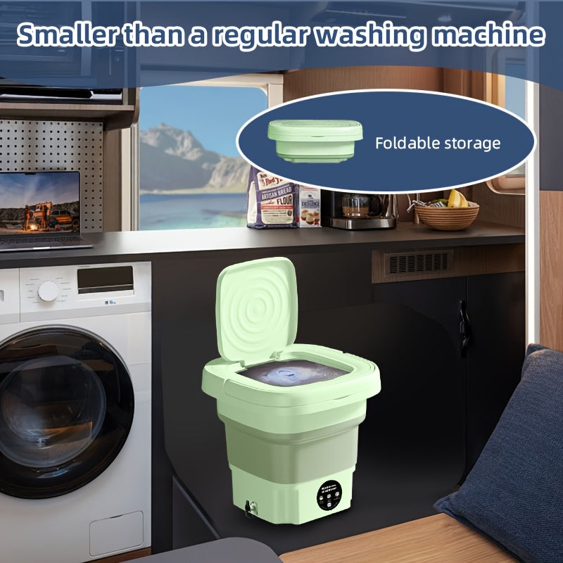 Compact MOMMED portable washing machine for RV with foldable design and hidden handle. European standard plug, suitable for indoor and outdoor use. 110V-240V compatibility, no energy