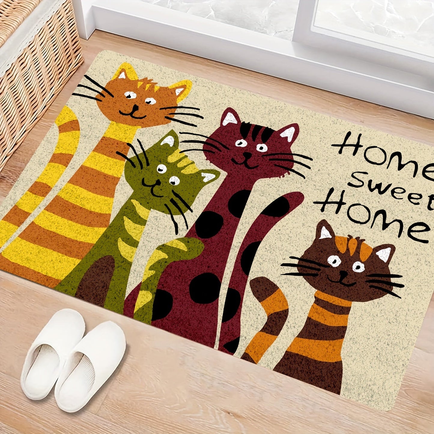 Adorable Cartoon Cats Doormat - Featuring Machine Washable Polyester Material and Non-Slip Backing - Stylish Flower Pattern Ideal for Living Room or Bedroom Décor