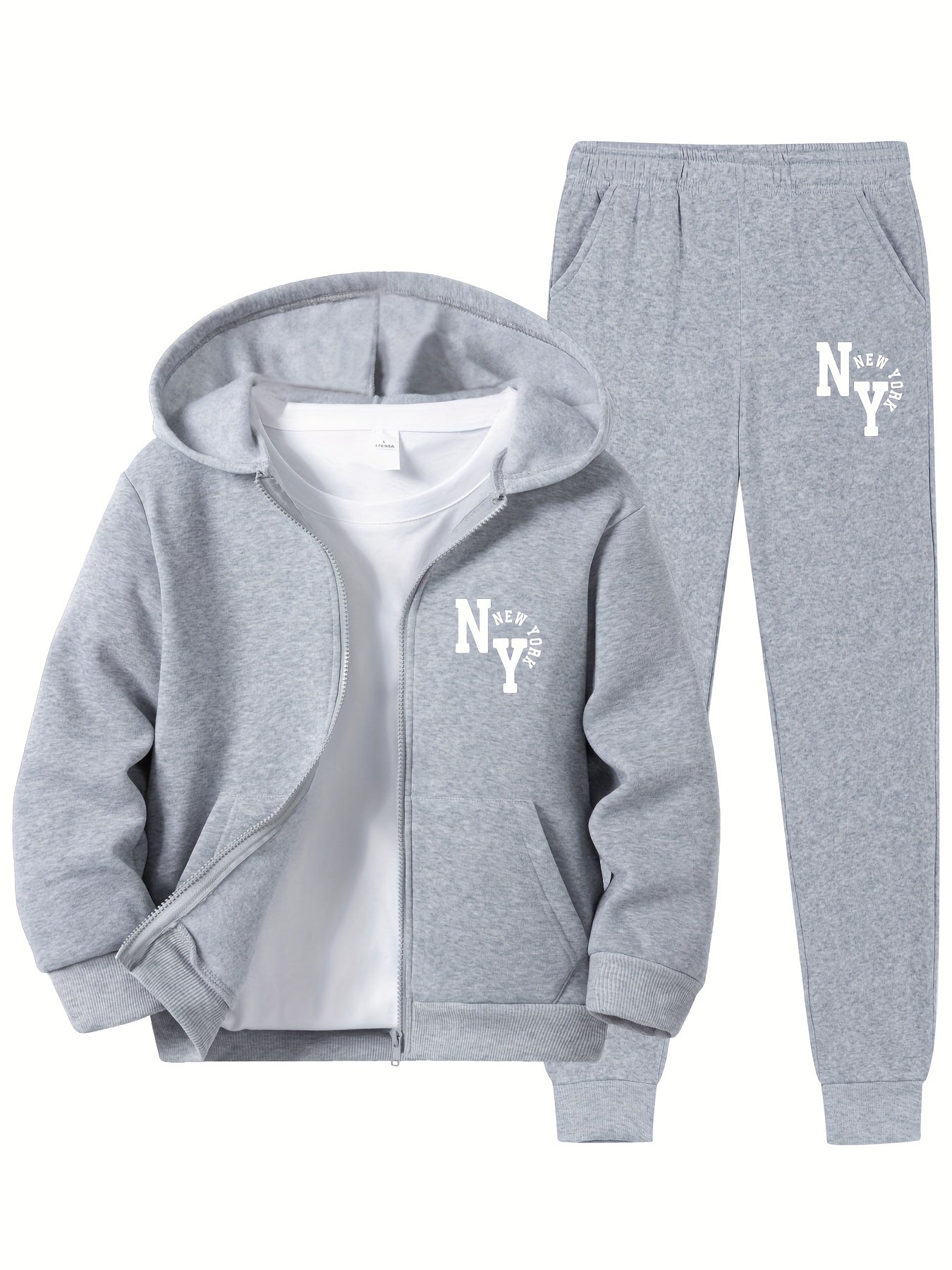 Boys' hoodie set with New York letter print, kangaroo pockets, zip-up sports jacket, pants, regular fit, for fall/winter outdoor activities.