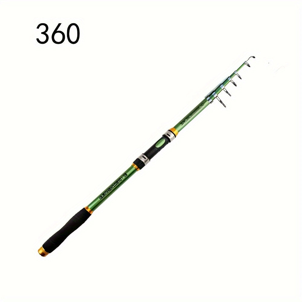 Telescopic fishing rod made of carbon fiber and FRP, 30-70cm extendable with green and black design. Features comfort foam handle and durable ceramic and stainless steel reel seat. Ideal