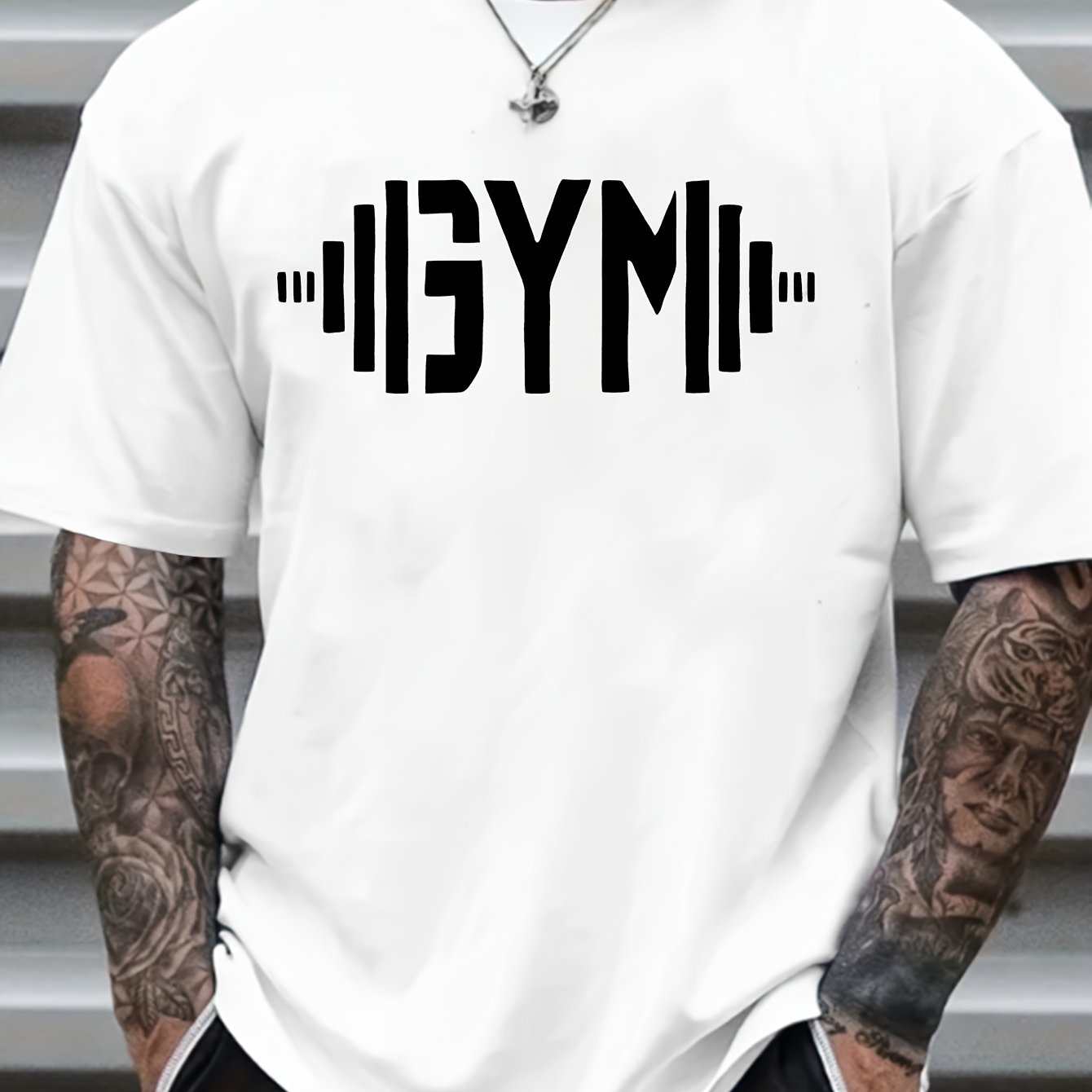 Men's plus size gym t-shirt with crew neck, stretchy polyester knit fabric and random print, suitable for adults and teens in spring/summer/fall