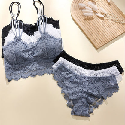 Sexy lingerie set includes cami bra and panties with solid floral lace for women.